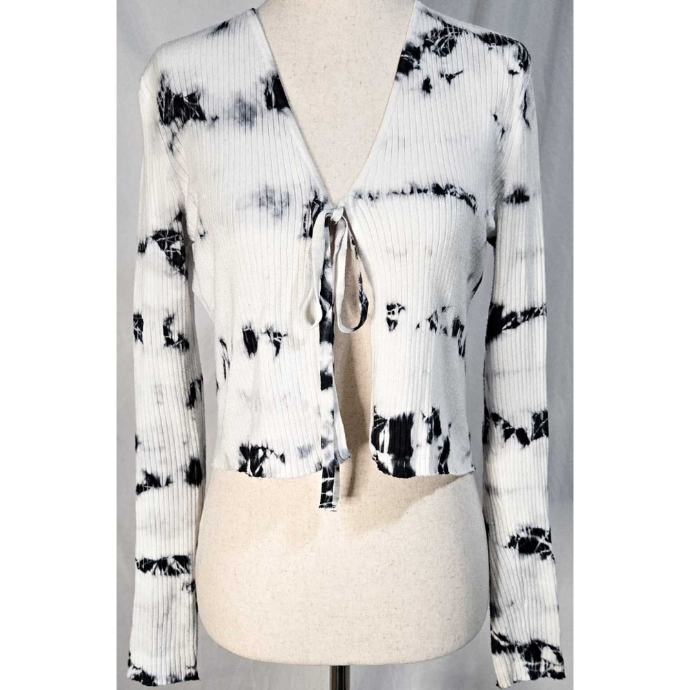 Garage Ribbed Tie Front Top Long Sleeve Cropped White Black Tie Dye Boho